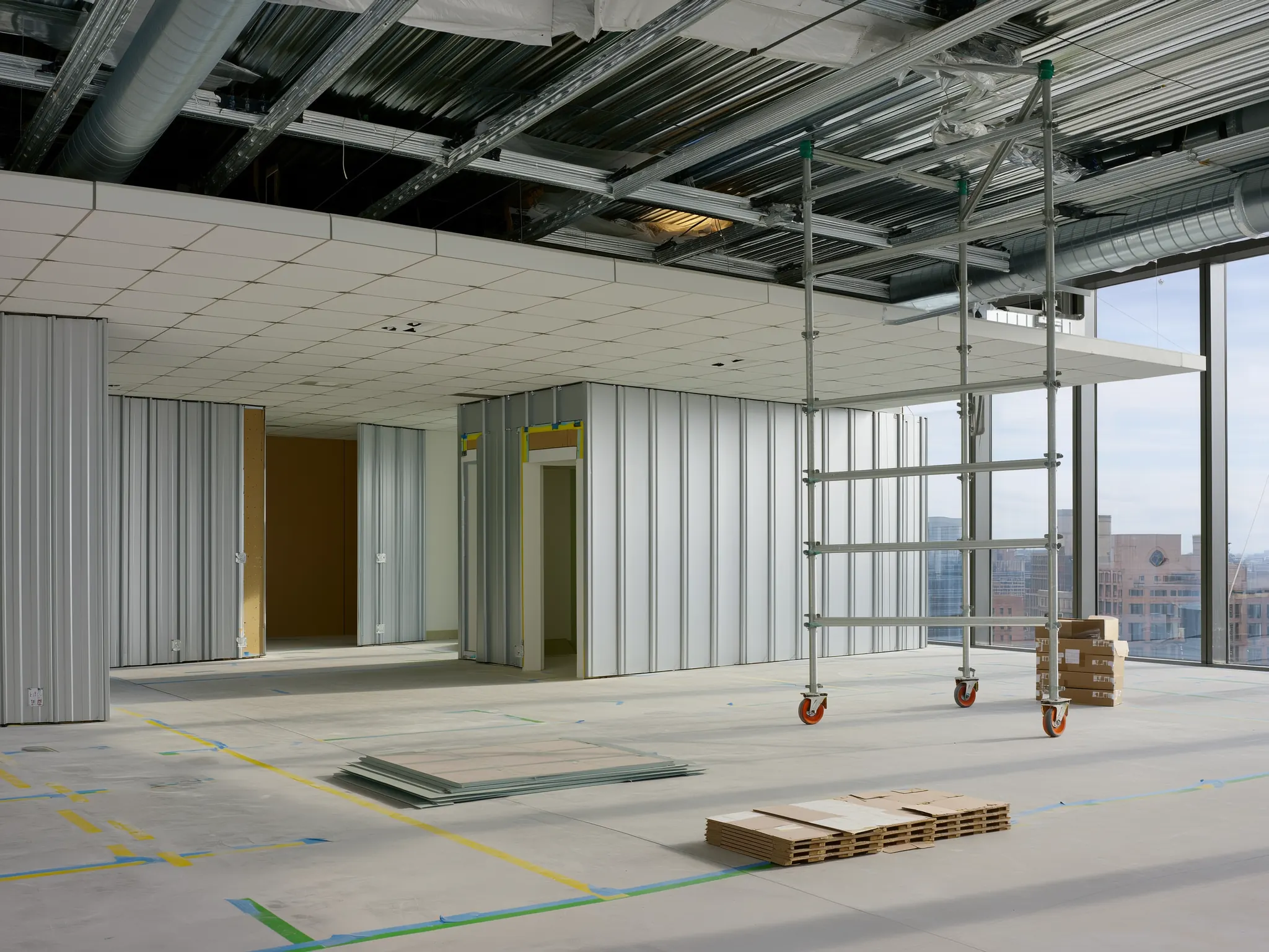 An office floor mid fit-out: metal stud partitions, an open ceiling and a mobile scaffold tower