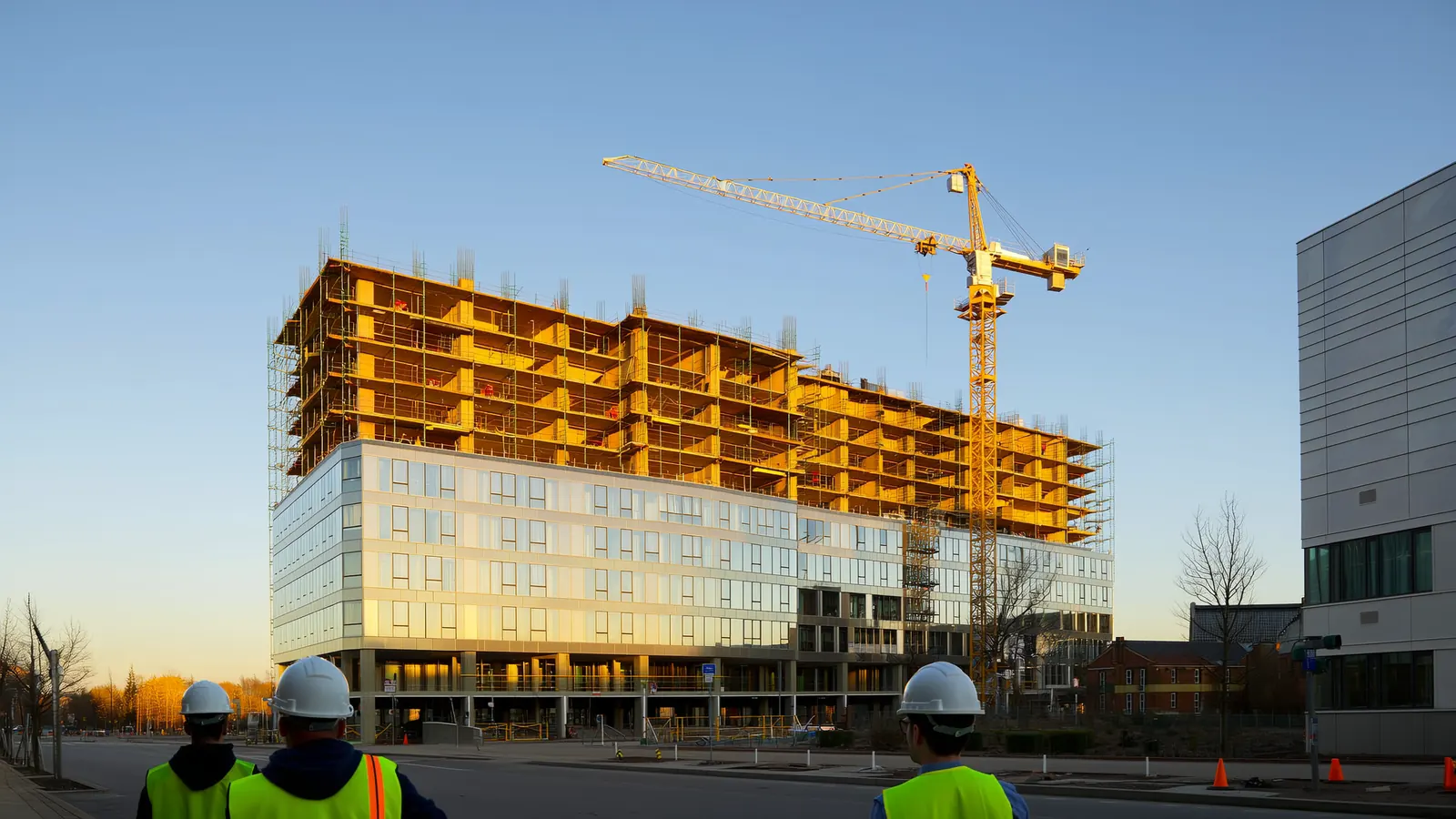 A commercial building under construction at golden hour, with a tower crane