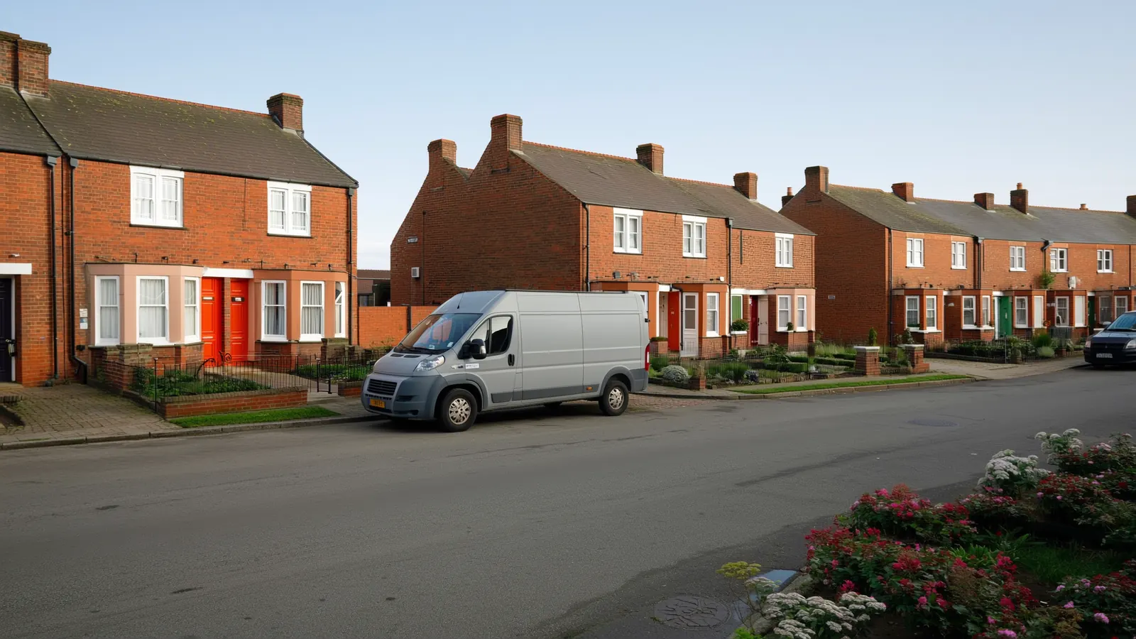 A street of brick terraced houses on a bright morning