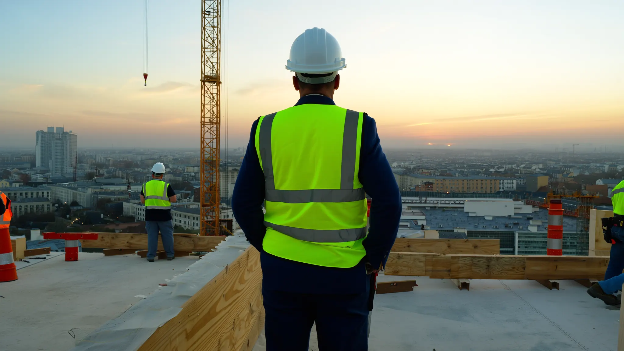 A site manager on an upper floor looking across a construction site at sunrise
