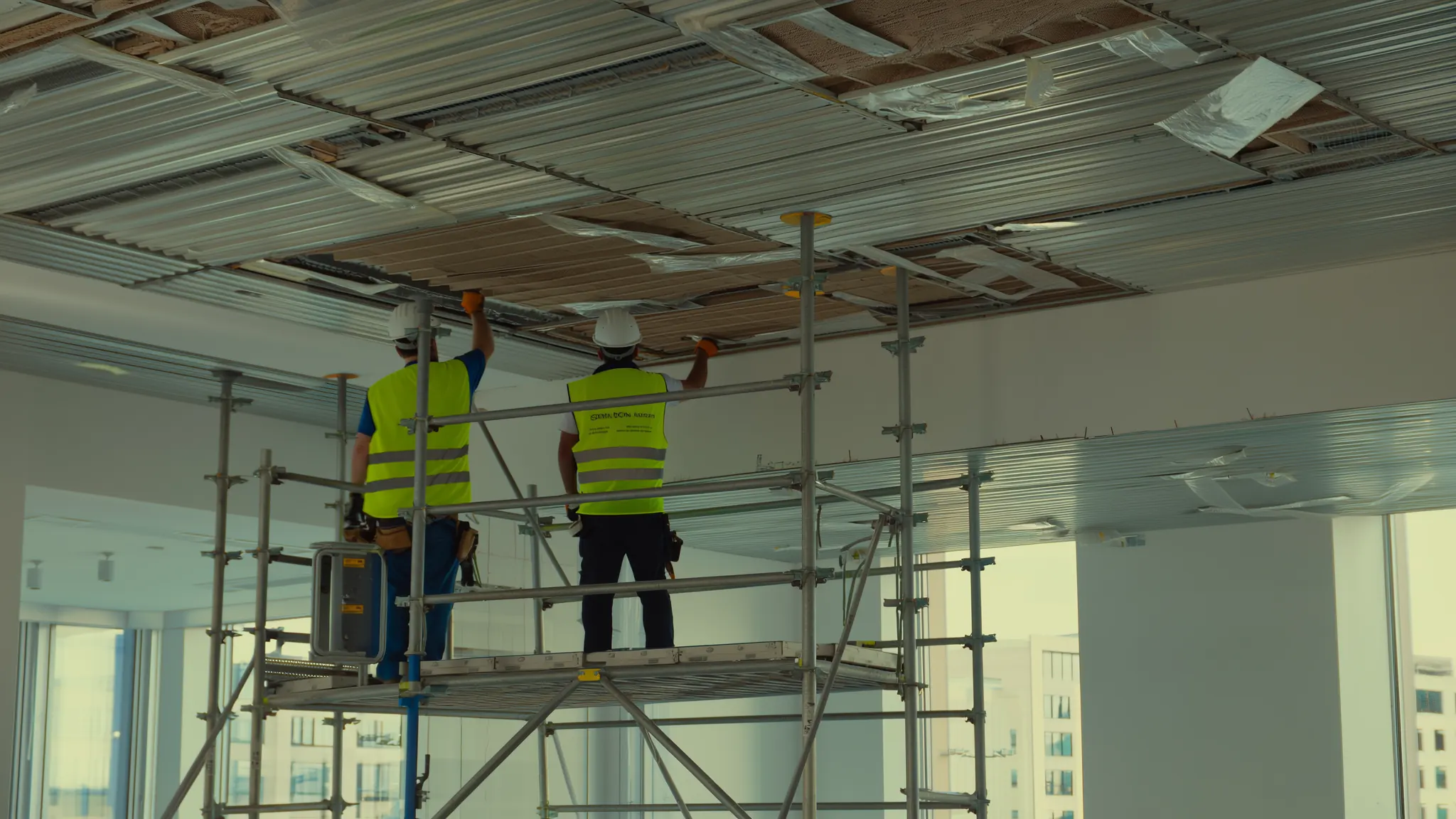 Workers on a scaffold tower fixing a suspended ceiling grid in an office fit-out