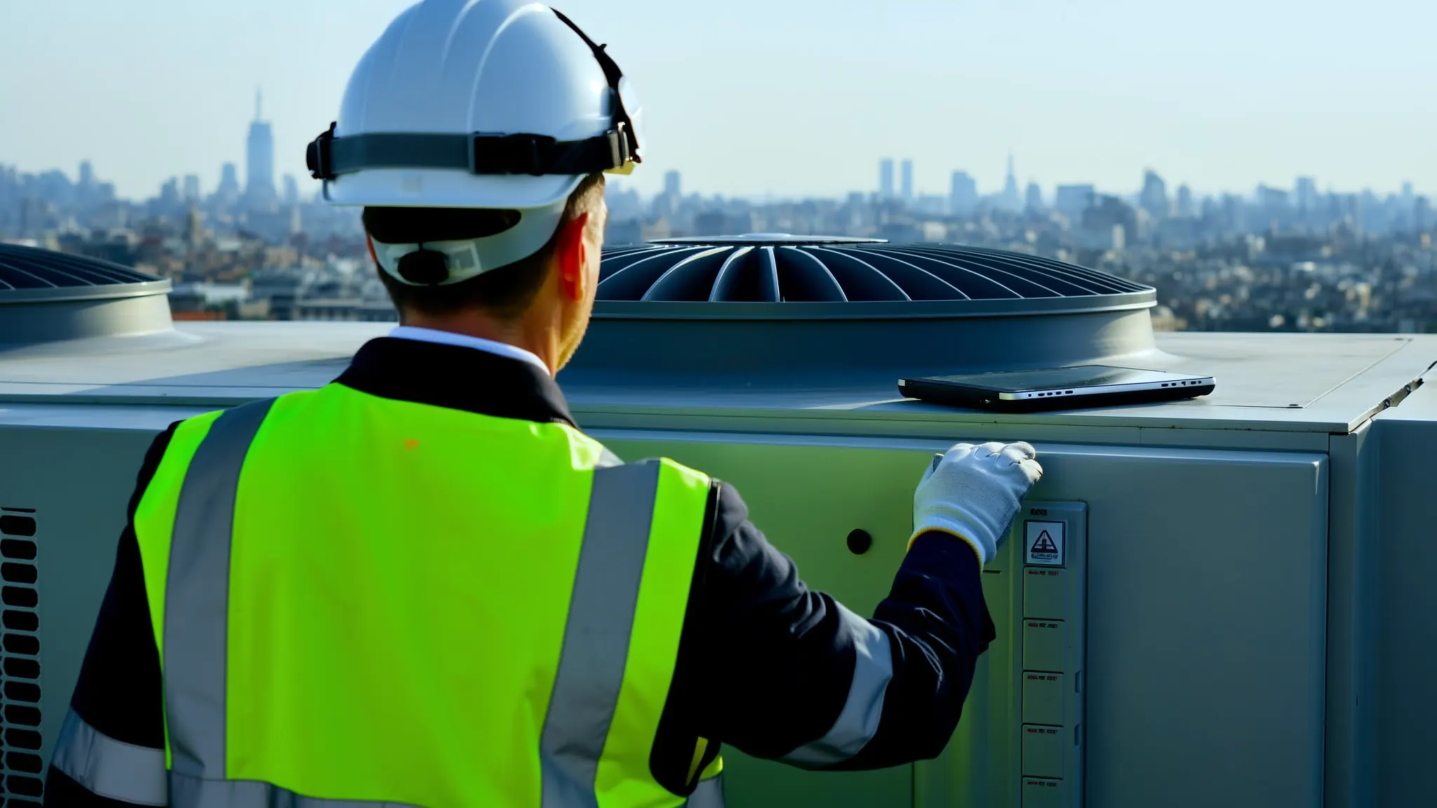 An engineer servicing an air handling unit on a rooftop plant area