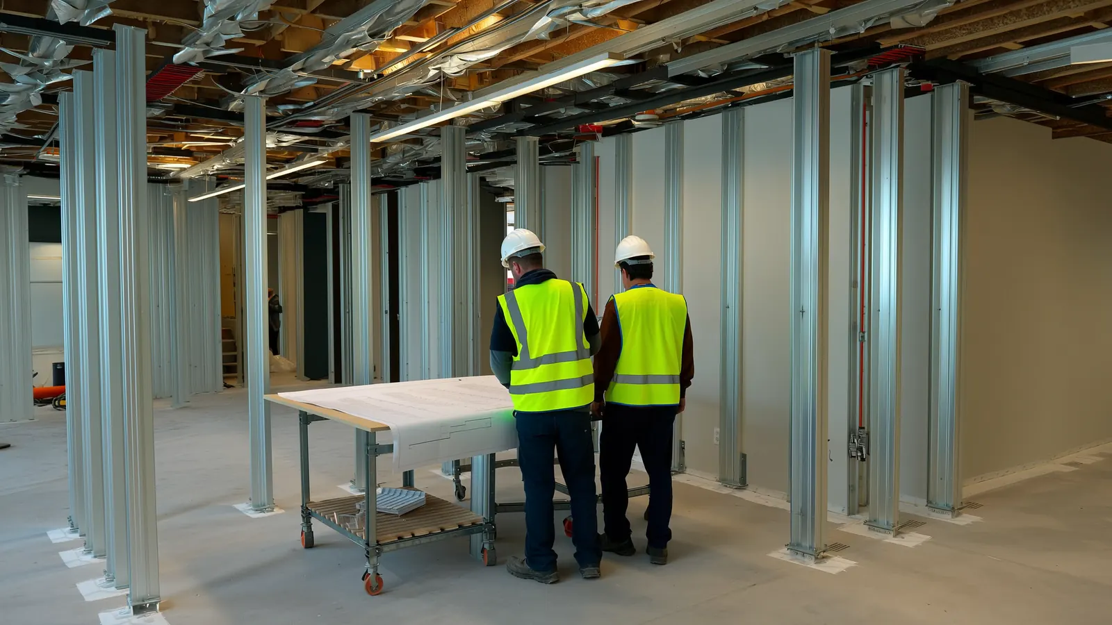 Two site workers studying a printed floor plan in an office fit-out