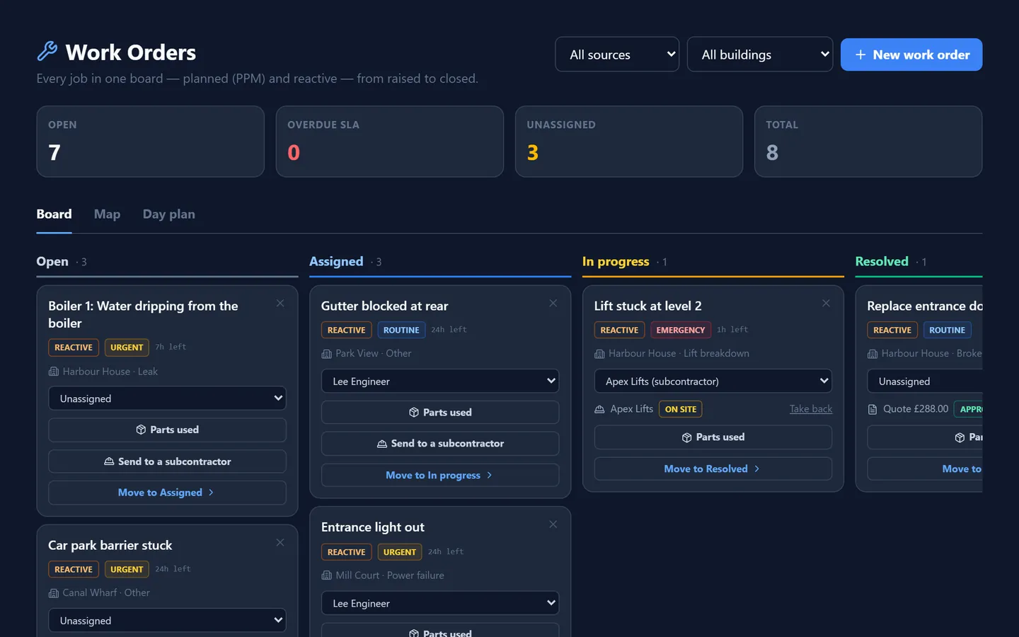Work orders on one board, from open to resolved